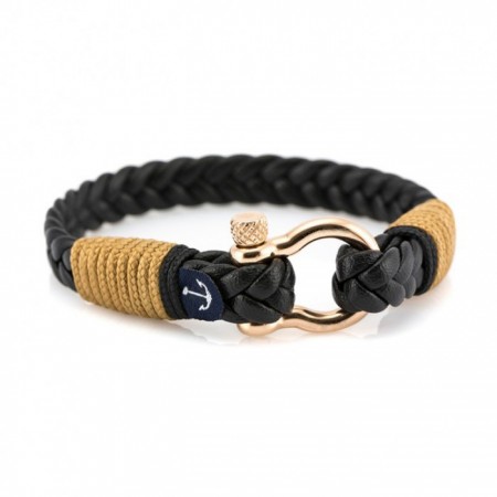 Black leather bracelet with gold accents